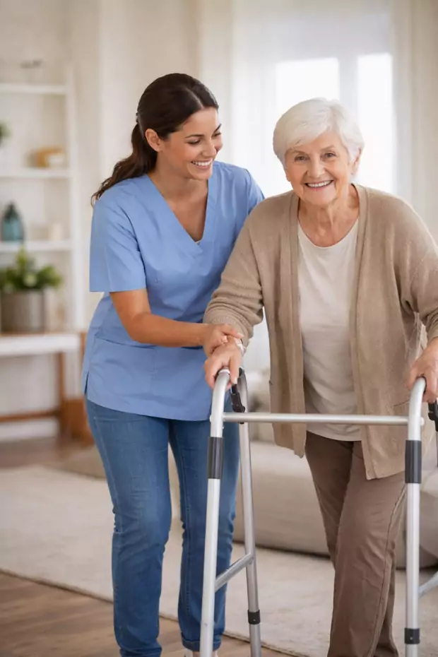 Aide à domicile soutenant une dame âgée utilisant un déambulateur pour se déplacer en toute sécurité.