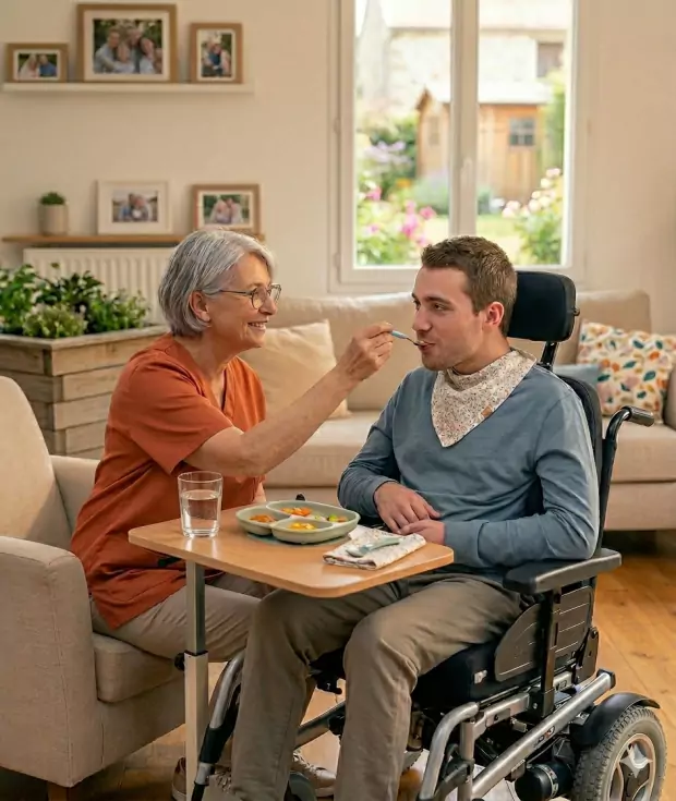 Accompagnant Homny Service partageant un moment de convivialité lors de la préparation et de l'aide au repas pour un senior.