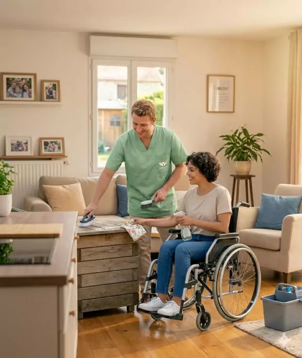 Auxiliaire de vie Homny Service aidant une personne en fauteuil roulant dans son salon à Beauchamp, Val d'Oise.